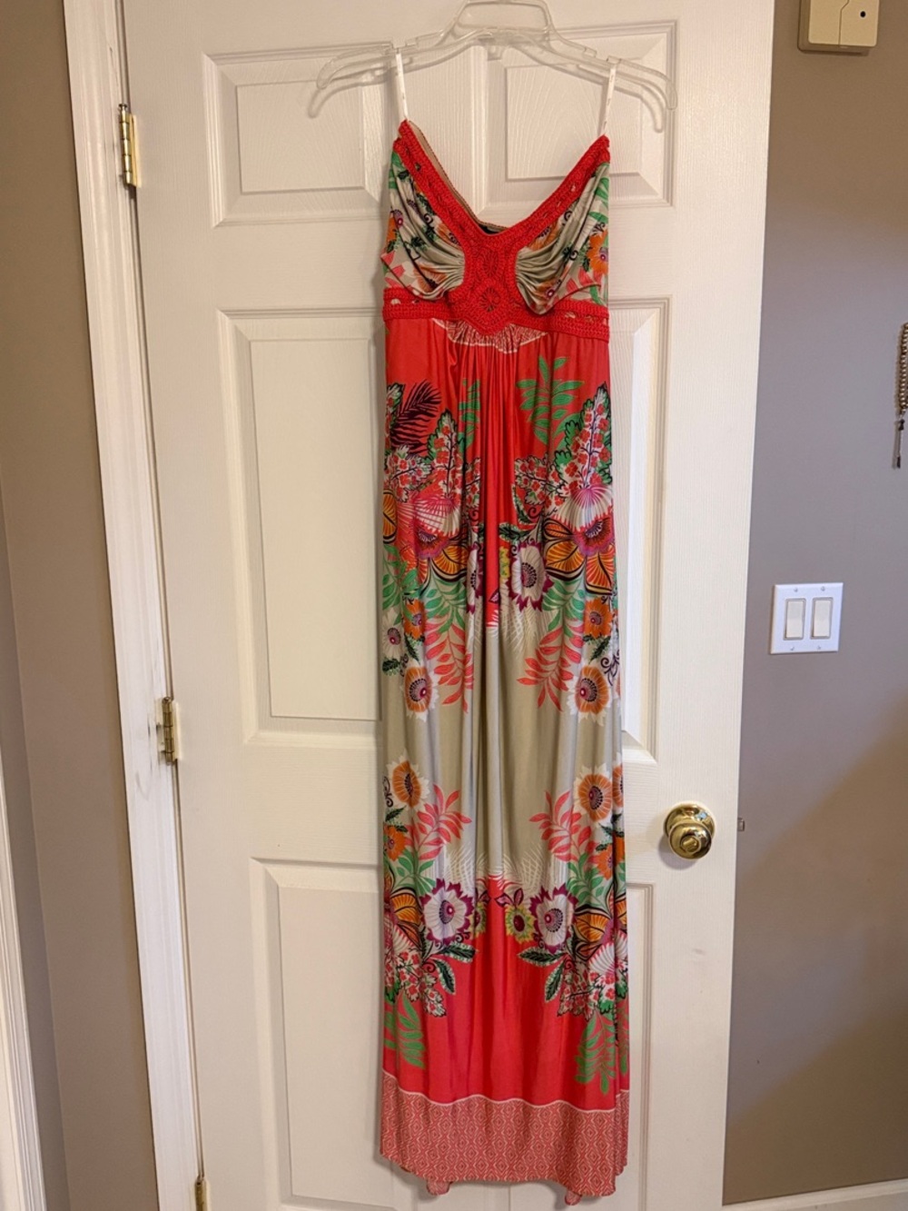 Sky Coral & Cream Floral Maxi Dress with Lace Trim